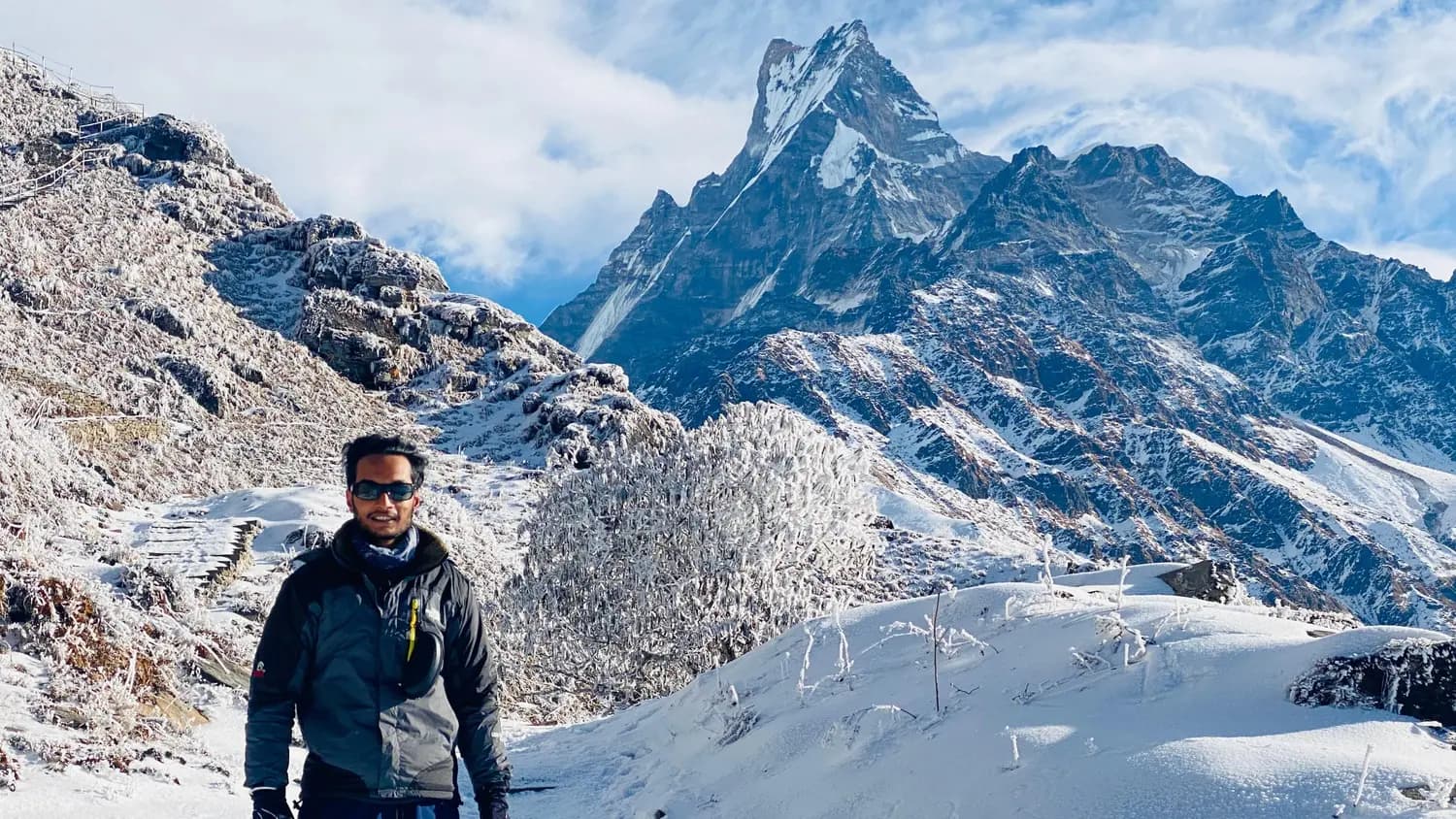 Machhapuchhre and the Annapurna range seen from the Mardi Himal ridge, the view that stays clear all day in October and November and is usually gone by mid-morning from late April